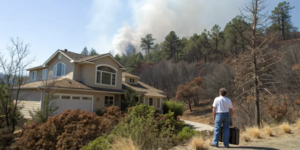 Home near dry brush with wildfire smoke in the background.