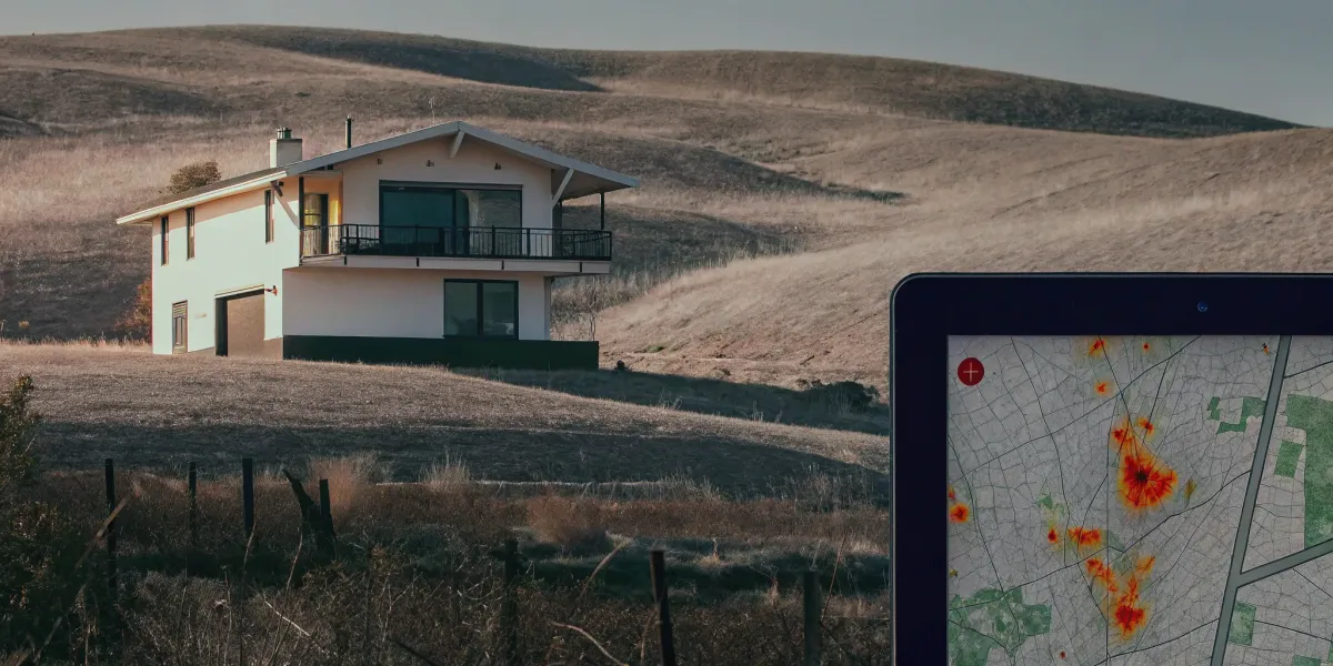 A map showing the wildfire vulnerability score for an address with a modern house in dry grassland.