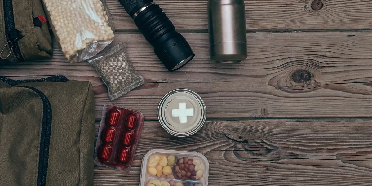 Emergency food and water supply for a disaster preparedness kit.