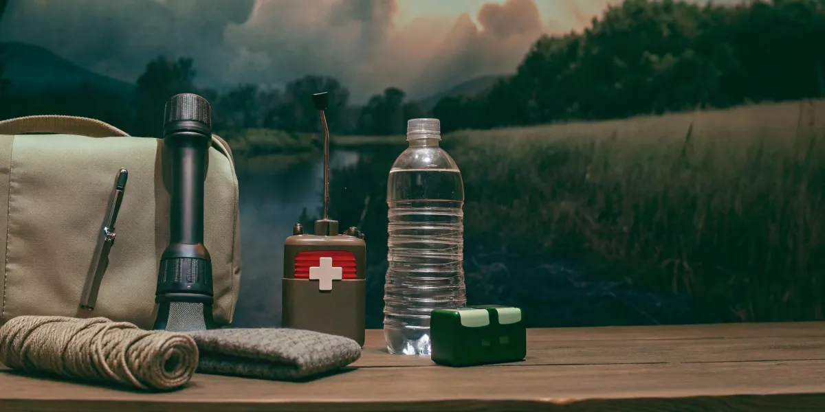 Home fire emergency kit with first aid, water, and survival tools.