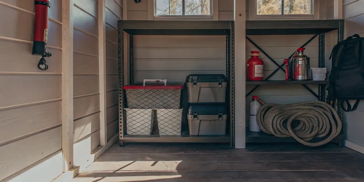 Emergency supplies stored in labeled containers on shelves for easy access at home.