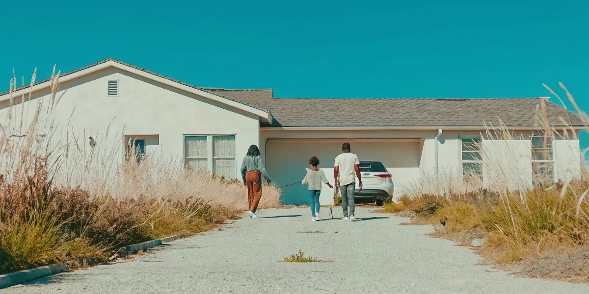 Family practices a fire evacuation drill at home, gathering at their safe meeting spot.