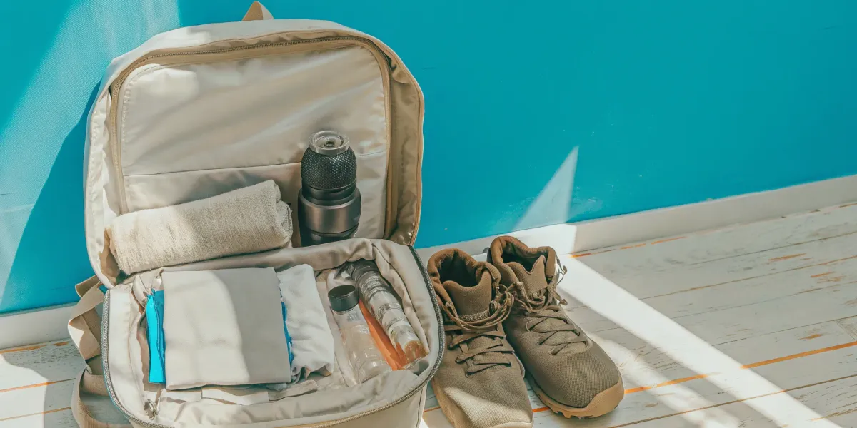 Wildfire go bag for a family, packed with checklist essentials.