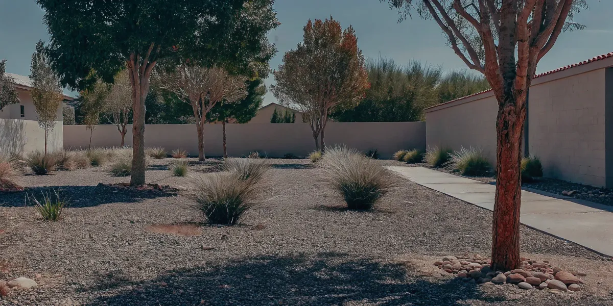 A front yard with fire wise landscaping featuring gravel, fire-resistant plants, and smart spacing.
