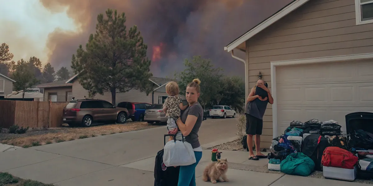 A family with their pet follows a pet evacuation plan during an emergency.