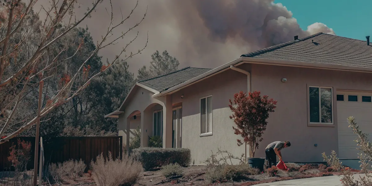 Homeowner clearing brush with wildfire smoke near their house, a step in determining how much insurance is needed.