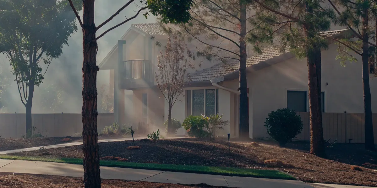 A guide to defensible space zones showing a home with properly cleared landscaping.