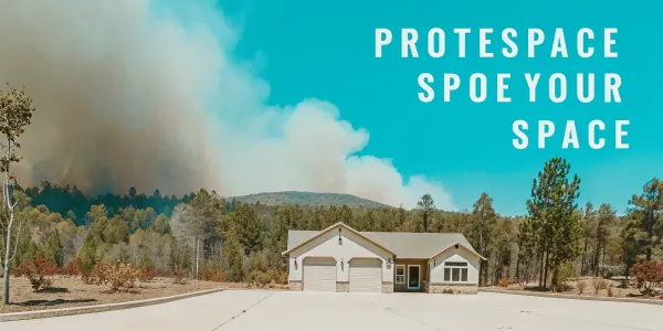 A home protected by defensible space with wildfire smoke visible in the forested background.