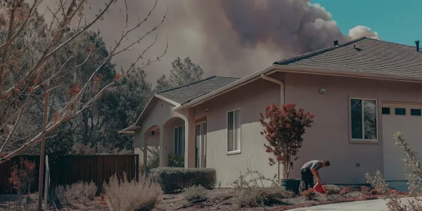Homeowner clearing brush with wildfire smoke near their house, a step in determining how much insurance is needed.
