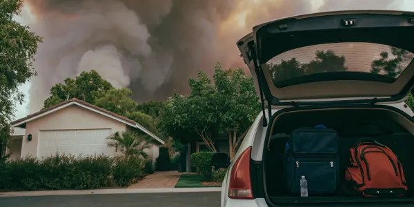 Go bags packed in a car for a last-minute wildfire evacuation as flames approach a home.